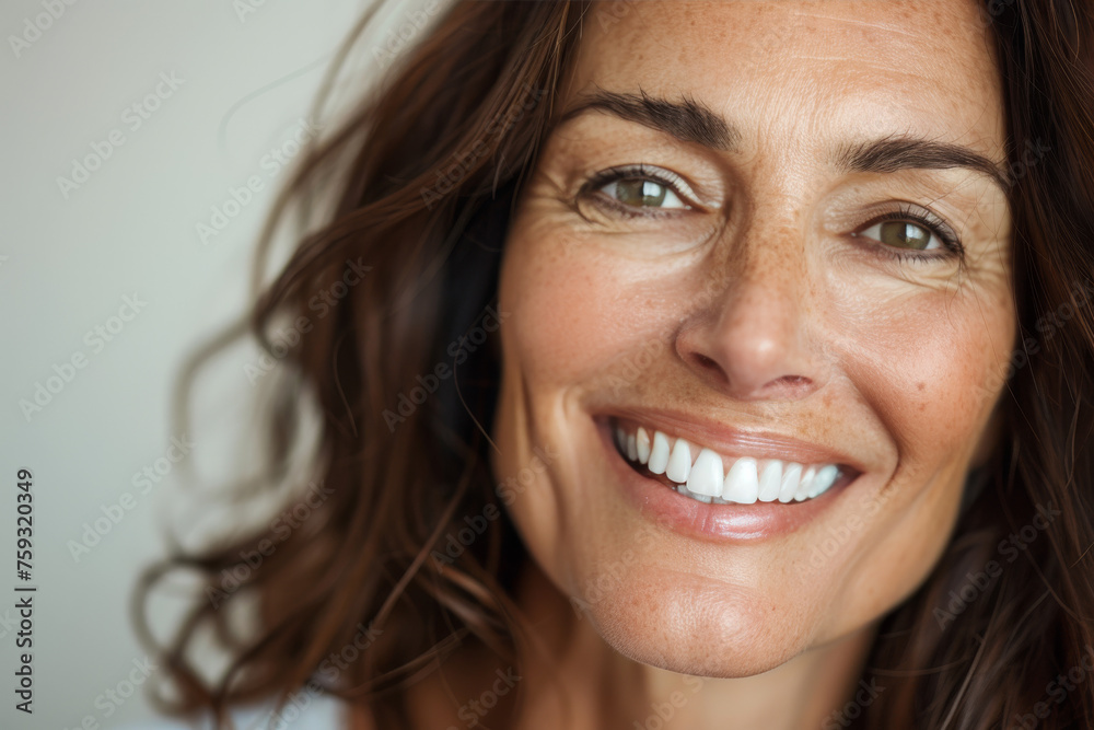 A woman with brown hair and freckles smiles for the camera A woman with brown hair and freckles smiles for the camera