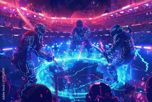 Neon warriors showcasing their combat skills in a neon-lit arena cute animation