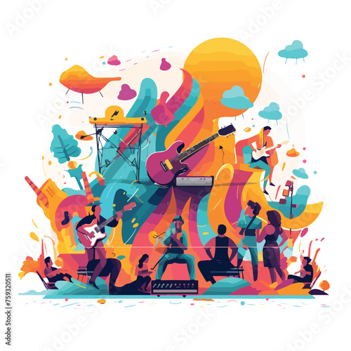 Vibrant music festival with characters dancing to a