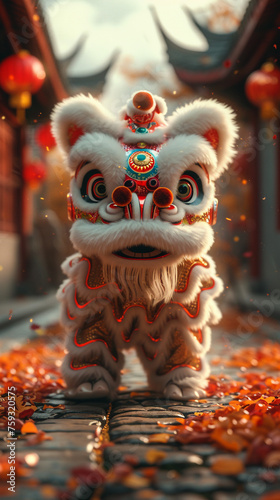 Chinese New Year Lion Dance with scroll. Isolated. Translation: May you have a prosperous new year.