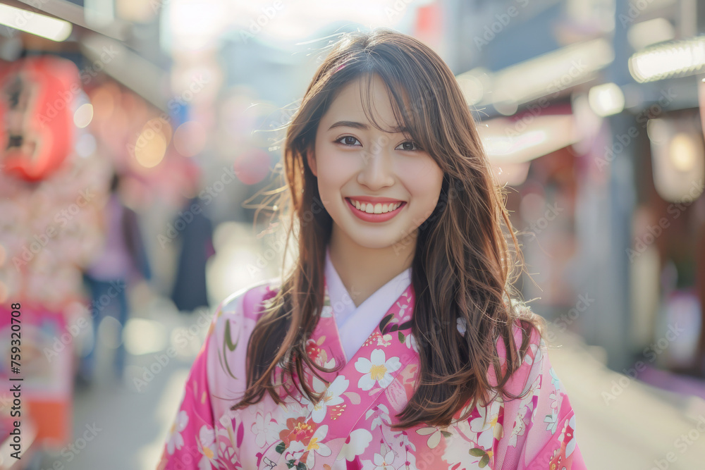 A woman wearing a pink floral kimono smiles for the camera A woman wearing a pink floral kimono smiles for the camera