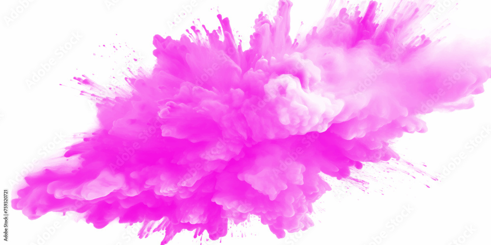 Naklejka premium Pink holi paint color powder. Abstract pink dust explosion on white background. Pink holi paint color powder festival explosion burst isolated white background. Pink vibrant rainbow Holi paint color. 