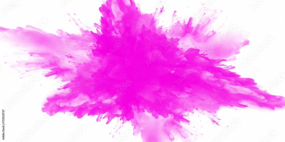 Pink holi paint color powder. Abstract pink dust explosion on white background. Pink holi paint color powder festival explosion burst isolated white background. Pink vibrant rainbow Holi paint color.	