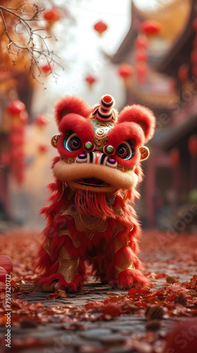 Chinese New Year Lion Dance with scroll. Isolated. Translation: May you have a prosperous new year.