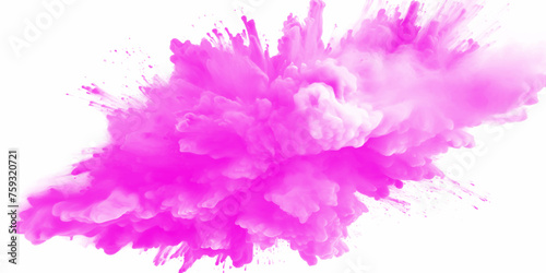 Pink holi paint color powder. Abstract pink dust explosion on white background. Pink holi paint color powder festival explosion burst isolated white background. Pink vibrant rainbow Holi paint color.	