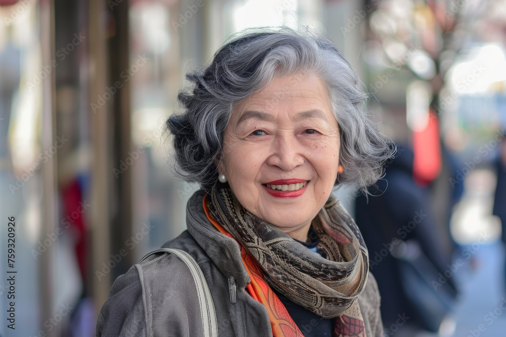 Fototapeta premium A woman with gray hair and red lipstick smiles for the camera