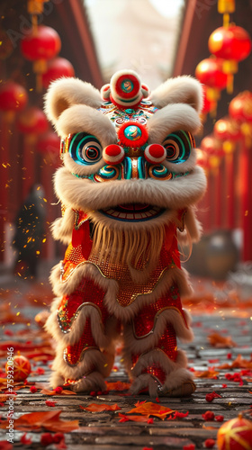 Chinese New Year Lion Dance with scroll. Isolated. Translation: May you have a prosperous new year.