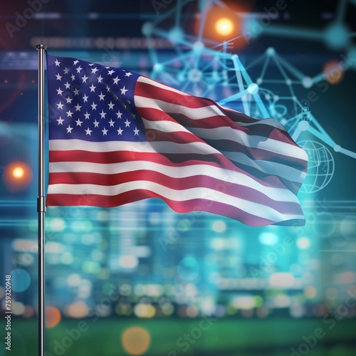 A high contrasted waving USA (United States of America) Flag with correct proportions and colors with a blurred and blended background of tech, agriculture, industry, engineers, and doctors.