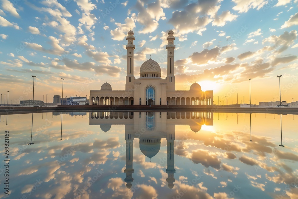 Beautiful view of the Kaimsah mosque at sunrise with reflection in the water and blue sky with clouds