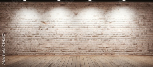 Empty studio room with spotlight and white brick wall.