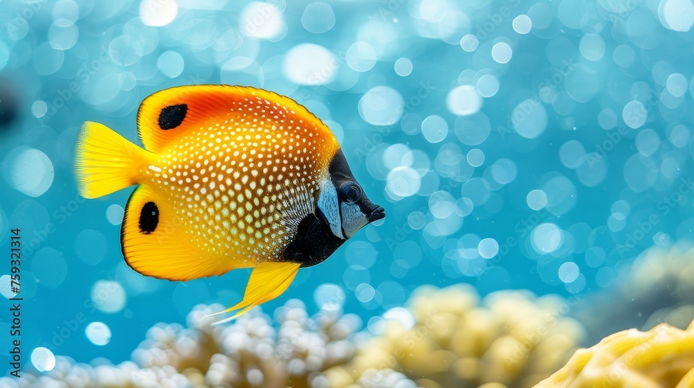 Foxface fish swimming among colorful corals in a vibrant saltwater aquarium environment