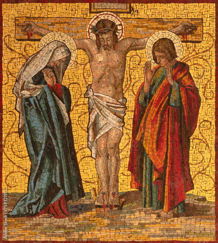 MILAN, ITALY - MARCH 4, 2024: The mosaic of Crucifixion as part of Cross way station in the church Chiesa di San Agostino by unknown artist of 20. cent.