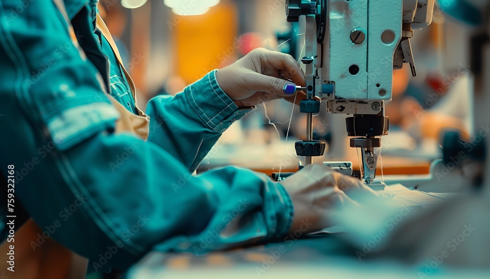 Close View of Textile Worker Crafting Garments for International Brands Close View of Textile Worker Crafting Garments for International Brands