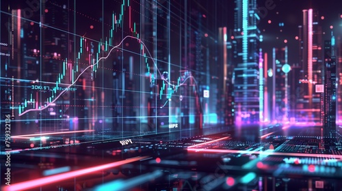 A high-tech, cyberpunk-inspired forex chart, with neon lights illuminating the intricate web of trading lines crisscrossing against a dark, futuristic cityscape. The chart features interactive element