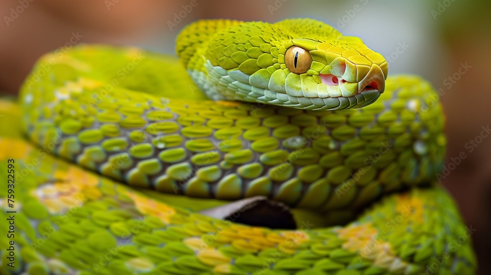A mesmerizing close-up of a vibrant green snake, coiled and ready to strike, set against a softly blurred natural background. This hyper-realistic image captures the intricate scales of the snake A mesmerizing close-up of a vibrant green snake, coiled and ready to strike, set against a softly blurred natural background. This hyper-realistic image captures the intricate scales of the snake