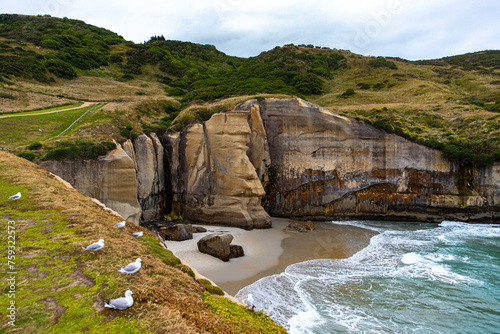 panorama of famous tunnel beach near dunedin and otago peninsula, new zealand south island; hidden beach surrounded with large cliffs photo