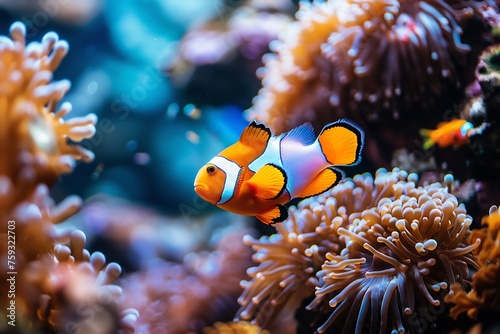 Anemone fish, orange and white clown anemone fish swimming in the sea among corals, close up shot, in the style of National Geographic photo