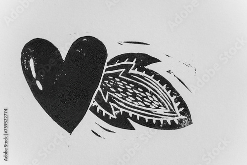 Linocut heart stamp print craft making. Love concept photo