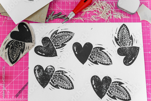 Linocut heart stamp print craft making. Love concept