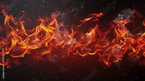 A mesmerizing display of vibrant fire flames dancing elegantly on a pitch-black background, showcasing a spectacular range of reds, oranges, and yellows.