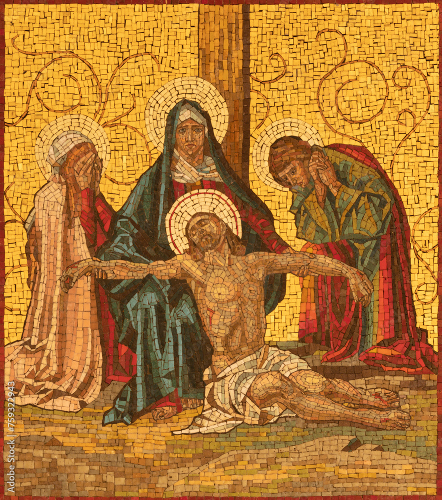 MILAN, ITALY - MARCH 4, 2024: The mosaic of Deposition (Pieta) as part of Cross way station in the church Chiesa di San Agostino by unknown artist of 20. cent.
