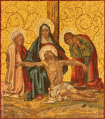 MILAN, ITALY - MARCH 4, 2024: The mosaic of Deposition (Pieta) as part of Cross way station in the church Chiesa di San Agostino by unknown artist of 20. cent. photo