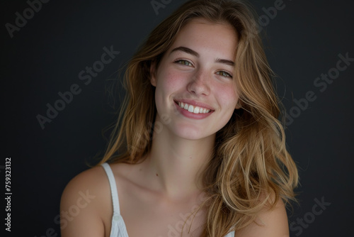 A woman with blonde hair and freckles smiles for the camera