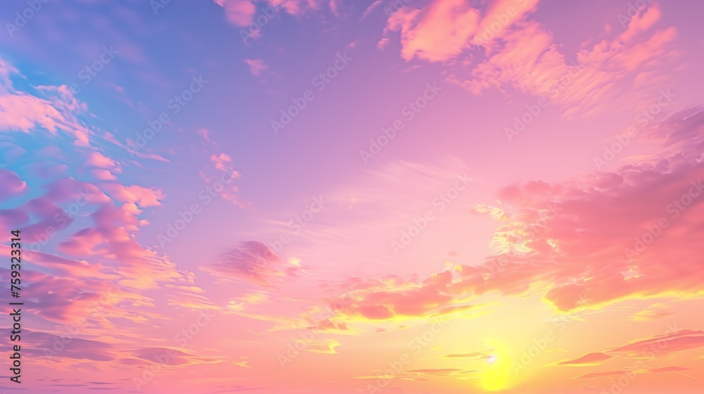 A serene and breathtakingly realistic depiction of a sunset sky, where the vibrant hues of pink, orange, and purple blend seamlessly into the soft blue of the approaching night.