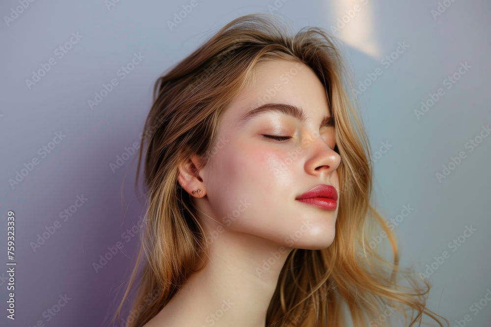 A close up of a woman 's face with her eyes closed A close up of a woman 's face with her eyes closed