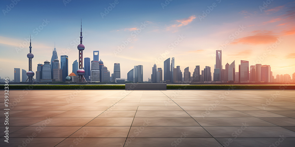 Skyline and skyscrapers in modern city, City architecture metropolis cityscape, city skyline at sunset, Karte China, Generative AI