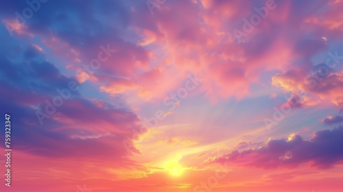 A serene and breathtakingly realistic depiction of a sunset sky, where the vibrant hues of pink, orange, and purple blend seamlessly into the soft blue of the approaching night. © Mehram