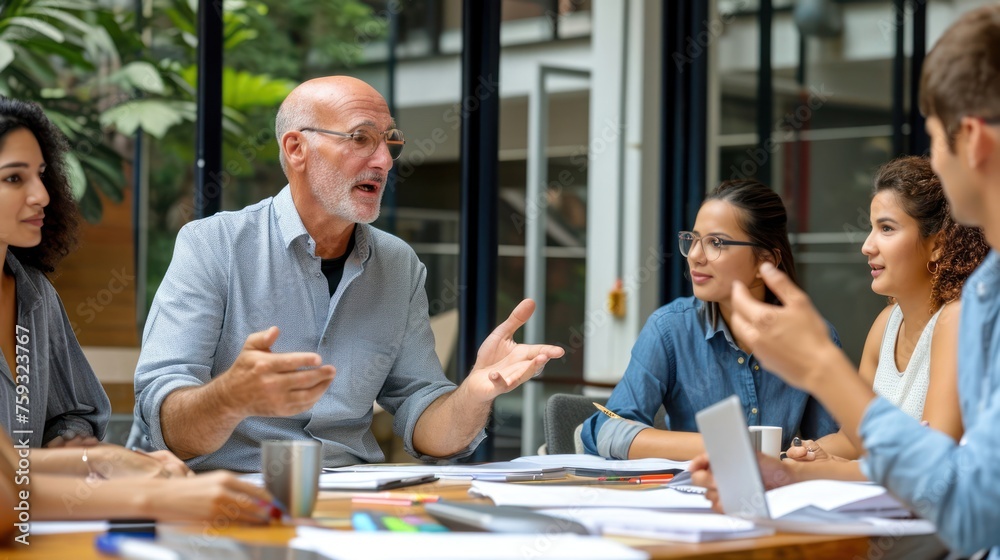 Fototapeta premium Group of People Engaged in Discussion at Table Generative AI