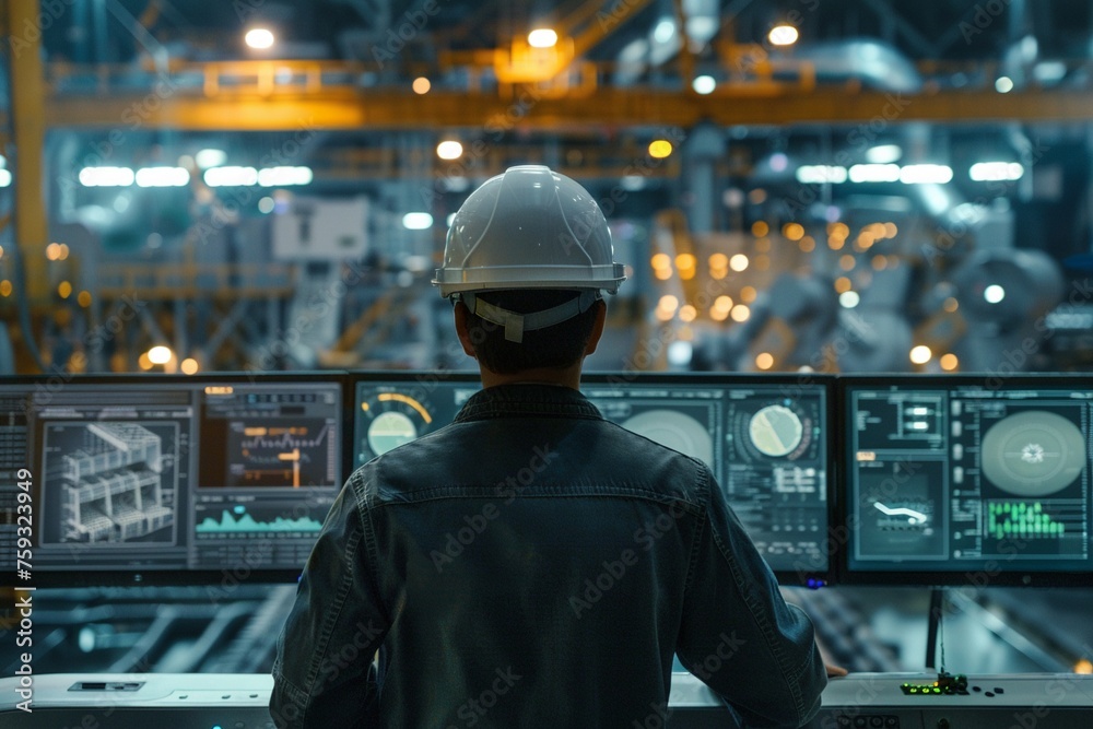 A Back view of an engineer with a hard hat looking at the digital interface of an automated production line in a modern factory. A Back view of an engineer with a hard hat looking at the digital interface of an automated production line in a modern factory.