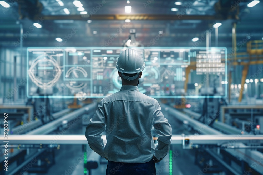 A Back view of an engineer with a hard hat looking at the digital interface of an automated production line in a modern factory. A Back view of an engineer with a hard hat looking at the digital interface of an automated production line in a modern factory.