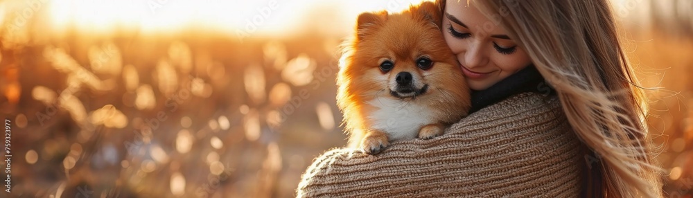A beautiful young woman holding her pomeranian dog in hands. A beautiful young woman holding her pomeranian dog in hands.