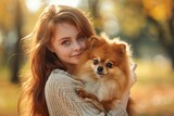 A beautiful young woman holding her pomeranian dog in hands.