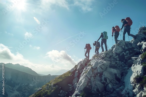 a group of climbers walking together on rocks