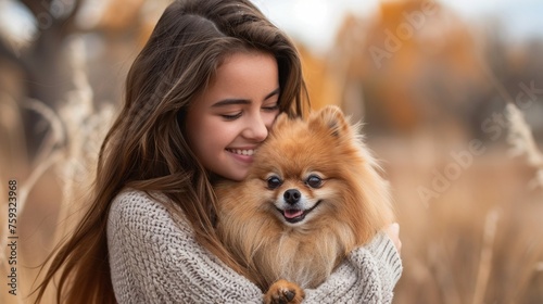 A beautiful young woman holding her pomeranian dog in hands. © Creative_Bringer
