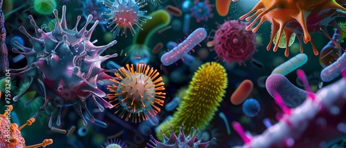 A Digital illustration of various viruses and bacteria with surface.