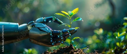 A Future tech robot hand nurturing a young plant