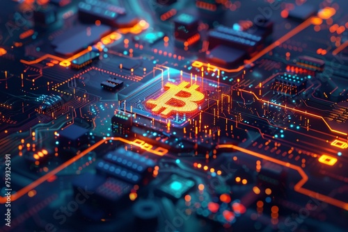 A Futuristic digital blockchain interface with a glowing Bitcoin symbol photo