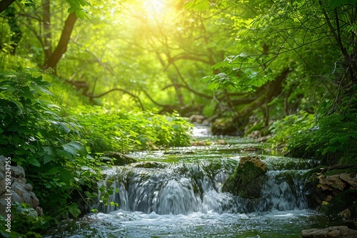 A Panoramic view of a small stream flowing through an enchanted forest