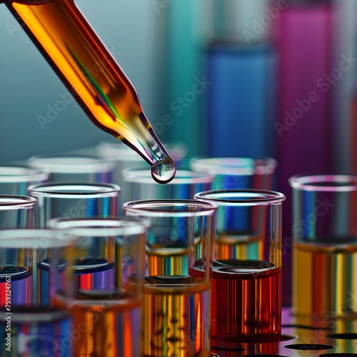 A precise drop of a chemical solution is carefully dispensed from a pipette into a row of test tubes. photo