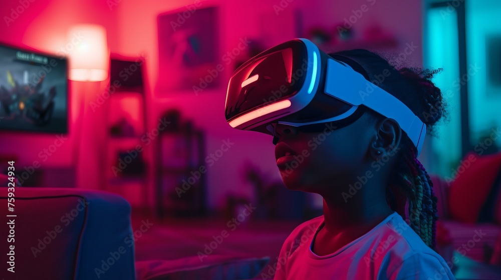 A child engrossed in playing a virtual reality video game Vivid colors of the game world reflected in their eyes, VR headset on, in a modern living room, AI Generative
