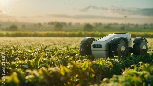 An advanced autonomous robot equipped with sensors and AI technology is operating in an agricultural field.