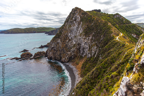 panorama of unique seascape seen from nugget point, nugget point lighthouse and small rocky islands, holidays in New Zealand South Island, Otago near Dunedin photo