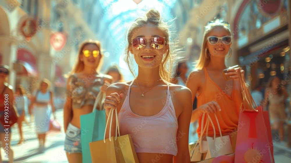 Cheerful group of girls with shopping bags, strolling through a sunlit plaza, laughter and chatter, AI Generative