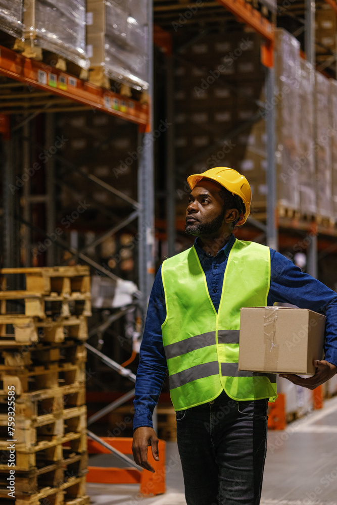 Warehouse company loader carrying box storage worker Warehouse company loader carrying box storage worker