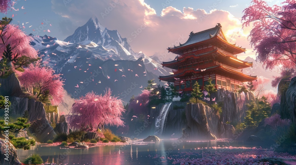 Fantasy Japanese art scene, mythical landscape, vibrant traditional style, AI Generative