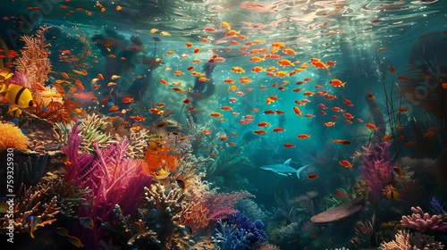 An enchanting underwater vista teeming with life, featuring a vibrant coral reef adorned with an array of colorful